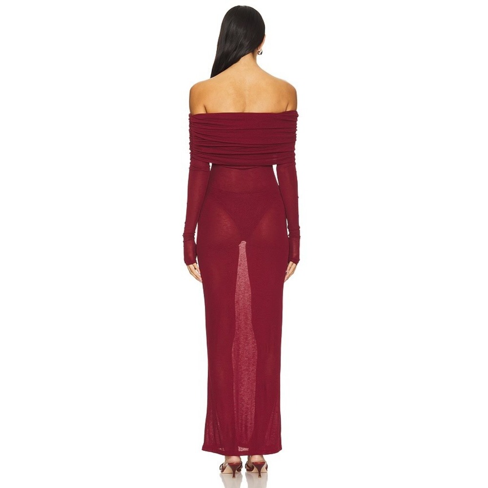 NWT Superdown Chantal Sheer Gown Wine Red Off Shoulder Maxi Dress Long Sleeve M - Picture 3 of 9